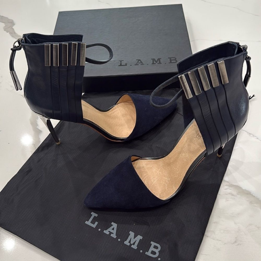 L.A.M.B. Navy and Silver Suede, Leather and Metal Heels